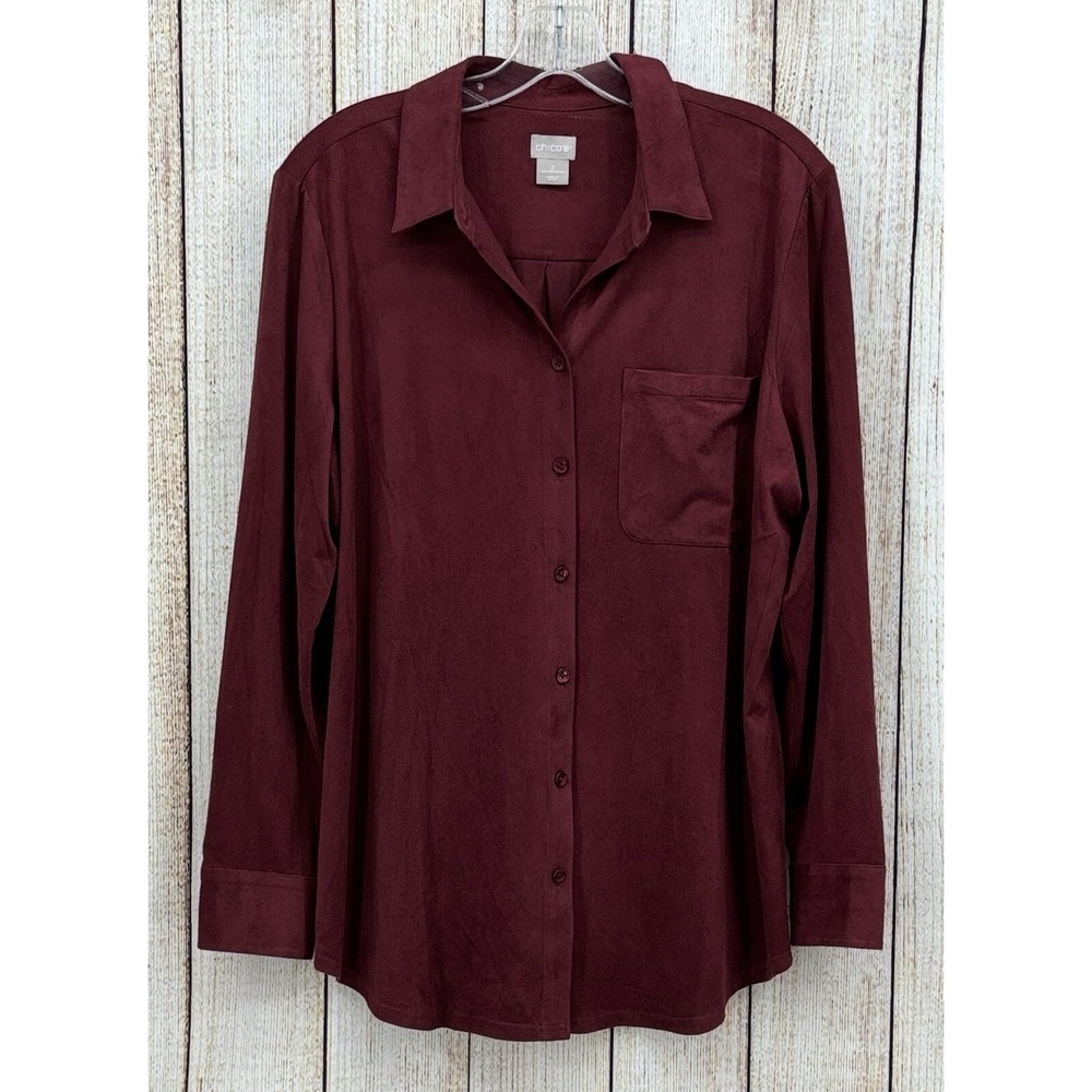 Chico's Size 2 (12/14) Faux Suede Button Front Shirt Burgundy Long Sleeve Blouse